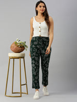 De Moza Women Printed Straight Pants Bottle Green
