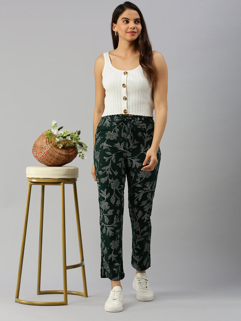 De Moza Women Printed Straight Pants Bottle Green