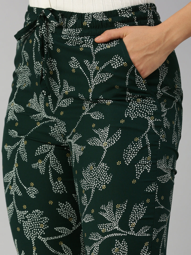 De Moza Women Printed Straight Pants Bottle Green