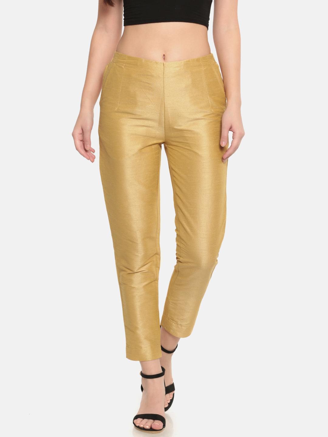 De Moza -Women Gold Toned Straight Fit Trousers - De Moza