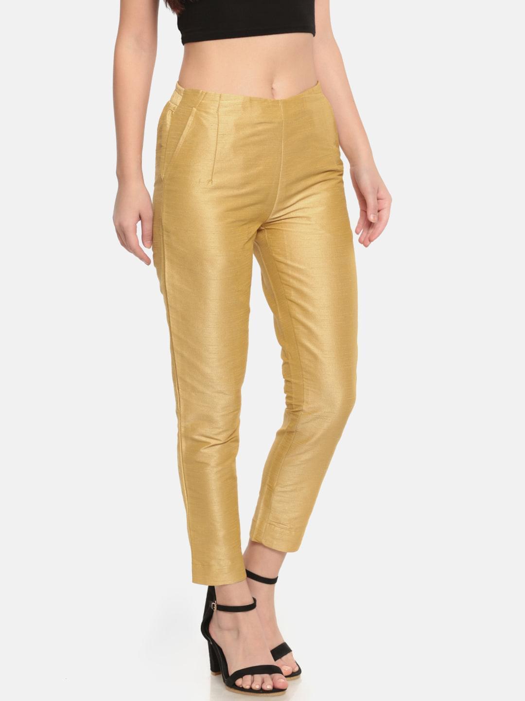 De Moza -Women Gold Toned Straight Fit Trousers - De Moza