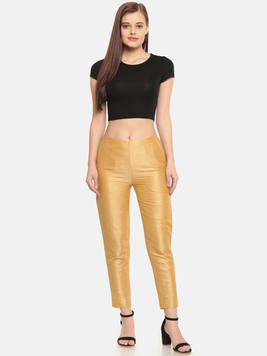 De Moza -Women Gold Toned Straight Fit Trousers - De Moza