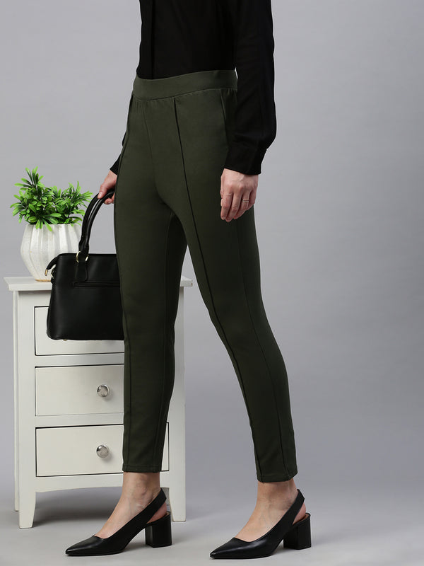 De Moza Women Treggings Solid Olive Green