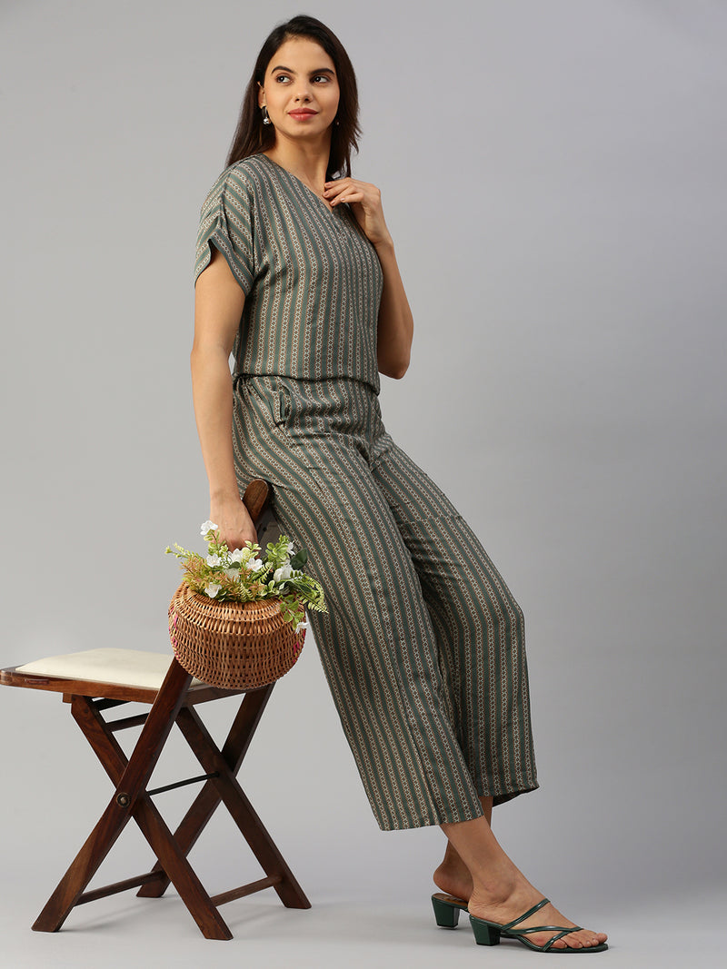 De Moza Women's Printed Co-Ords Sets (Top&Bottom) Green & Green