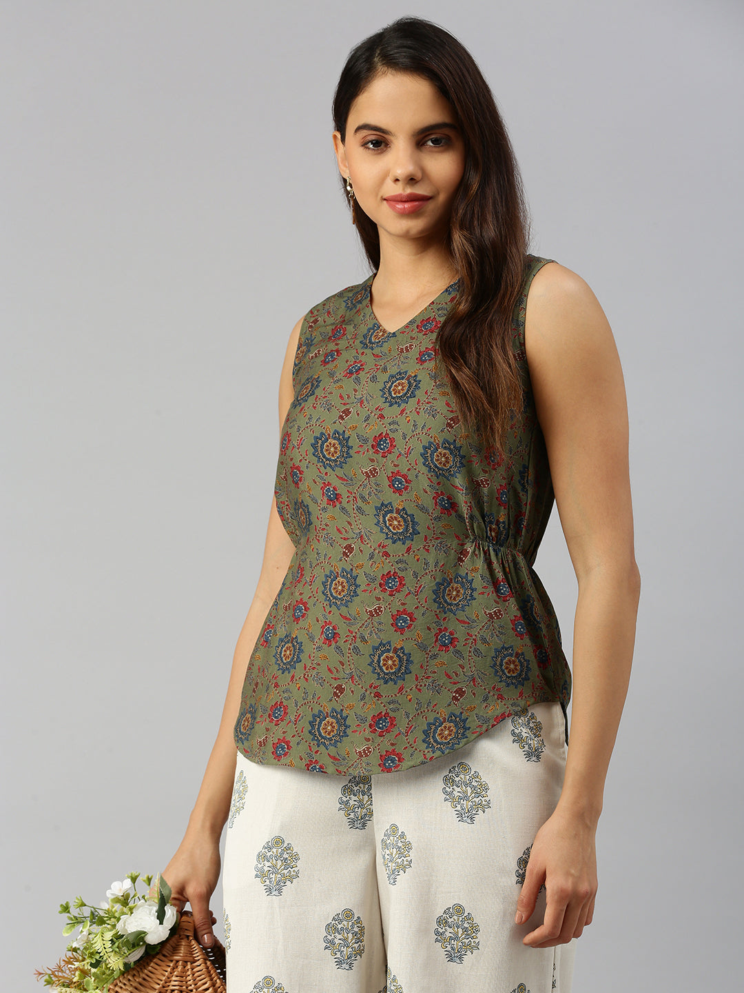 De Moza Women Printed Top Green