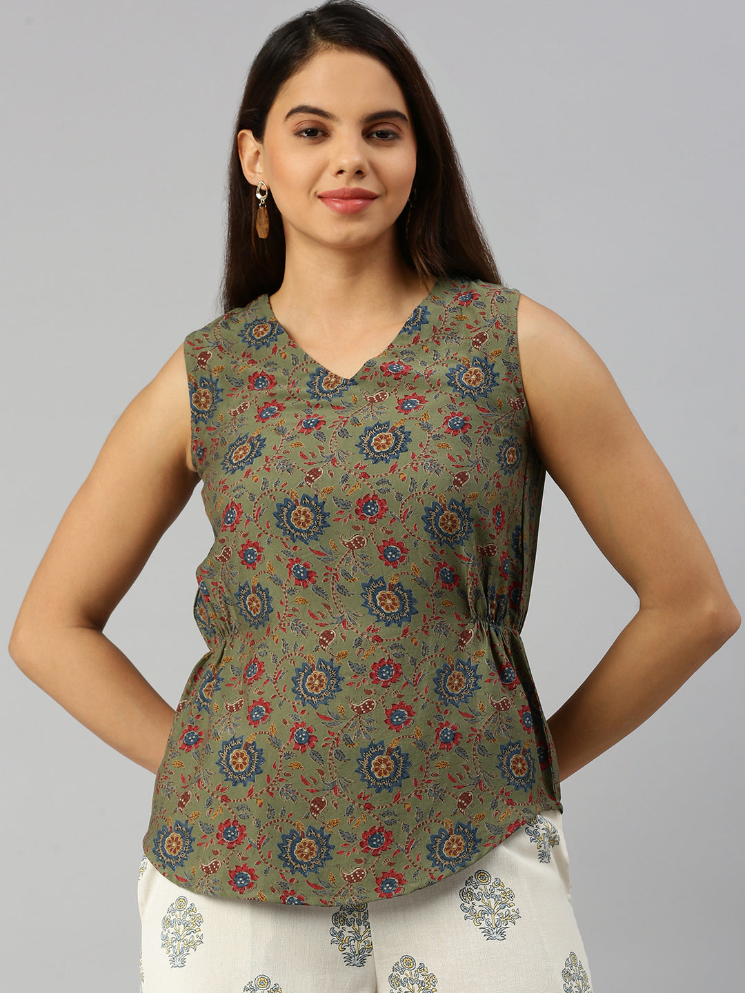 De Moza Women Printed Top Green