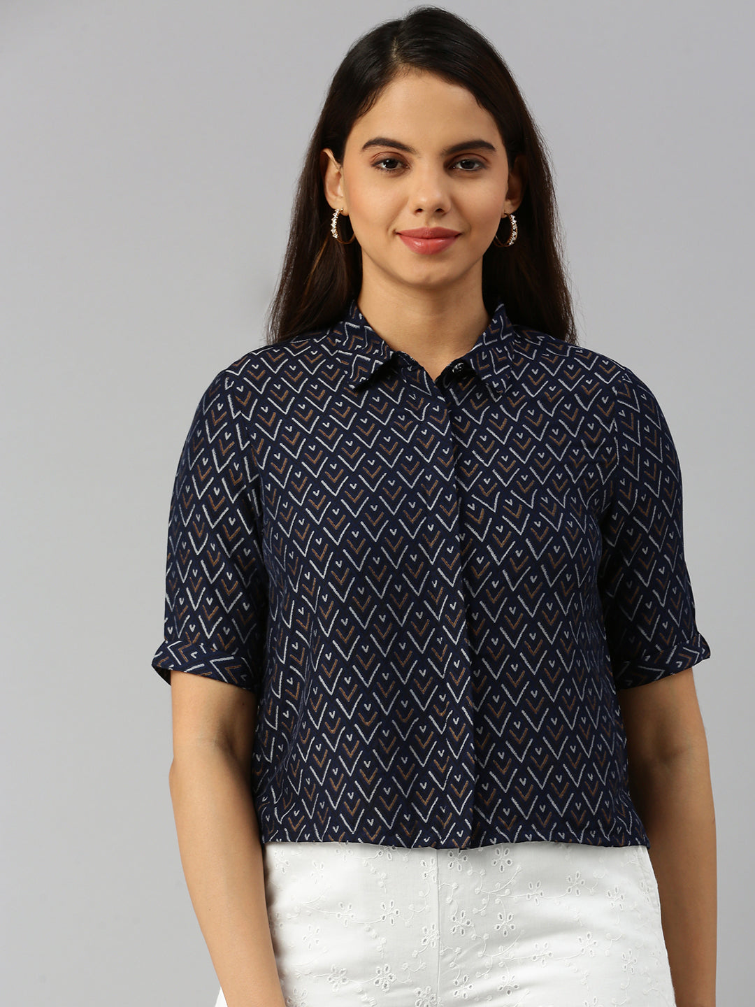 De Moza Women Printed Crop Shirt Teal