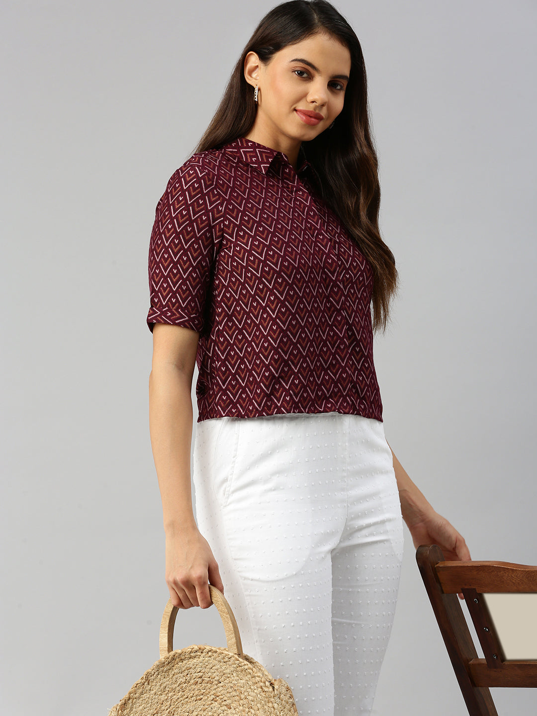 De Moza Women Printed Crop Shirt Deep Maroon