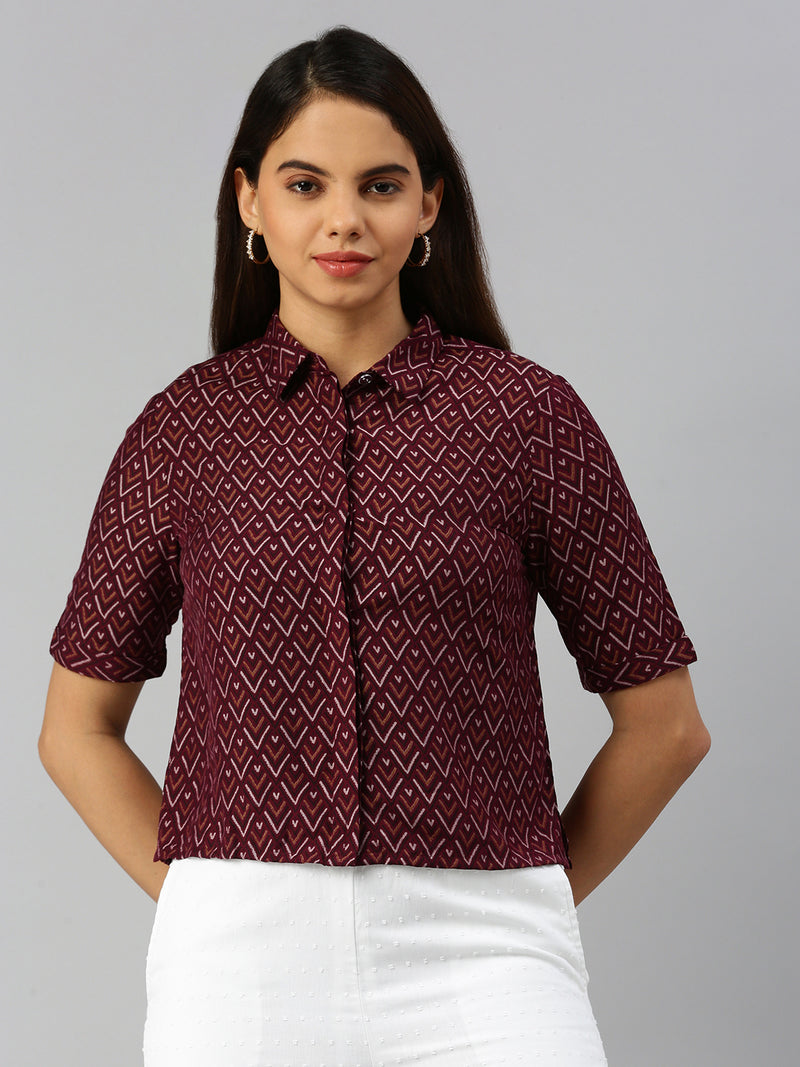 De Moza Women Printed Crop Shirt Deep Maroon