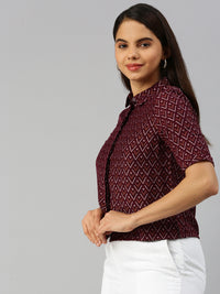 De Moza Women Printed Crop Shirt Deep Maroon