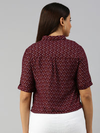 De Moza Women Printed Crop Shirt Deep Maroon