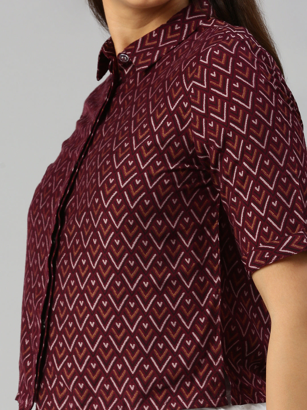 De Moza Women Printed Crop Shirt Deep Maroon