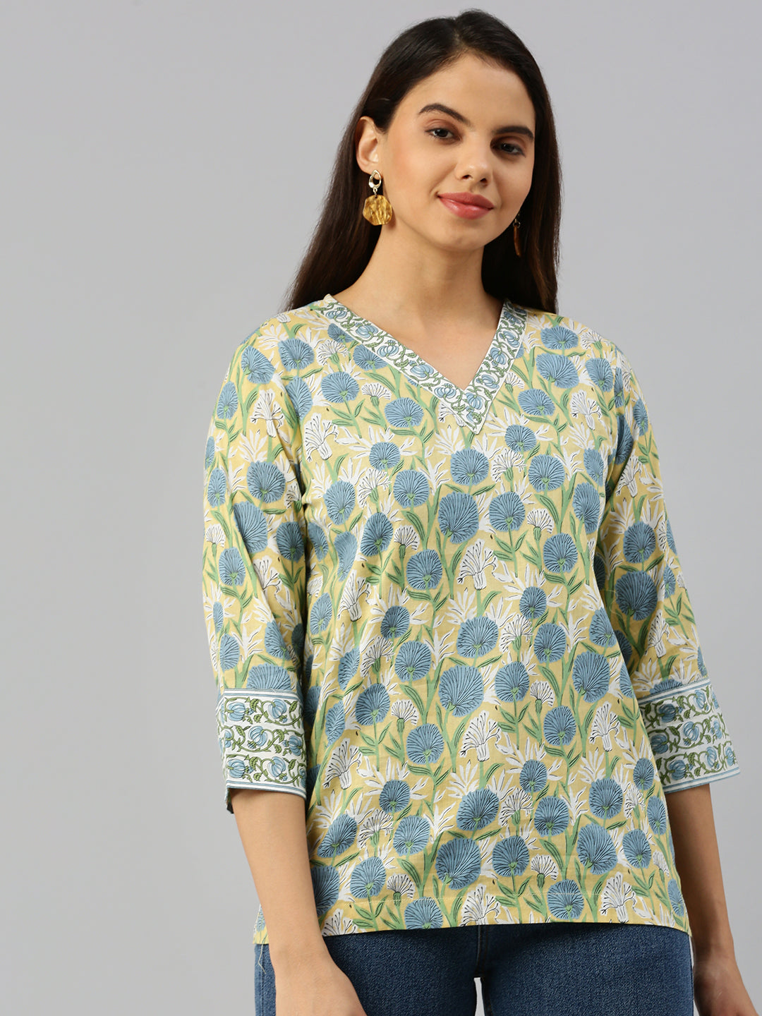 De Moza Women Printed Short Kurti Lemon Yellow