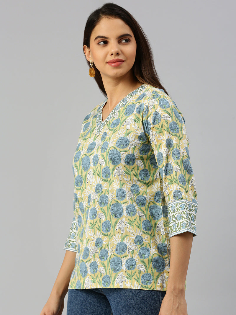 De Moza Women Printed Short Kurti Lemon Yellow