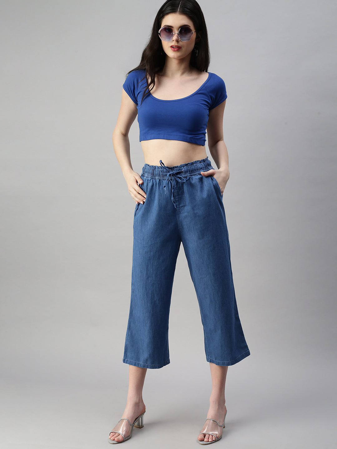 Ladies Crop Palazzo Mid Blue