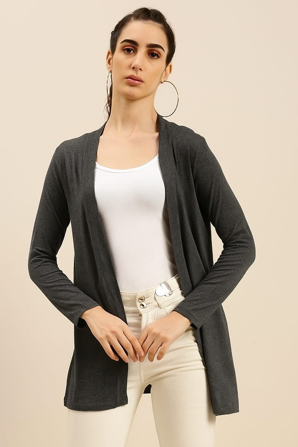 Ladies Long Length Shrug Anthra Melange