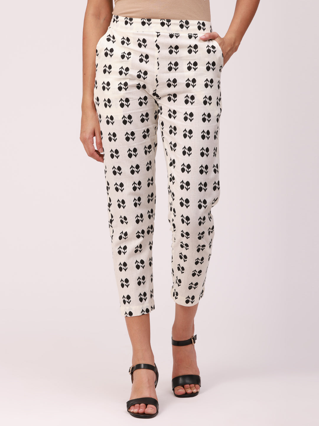 De Moza Women's Printed Cigarette Pant Offwhite