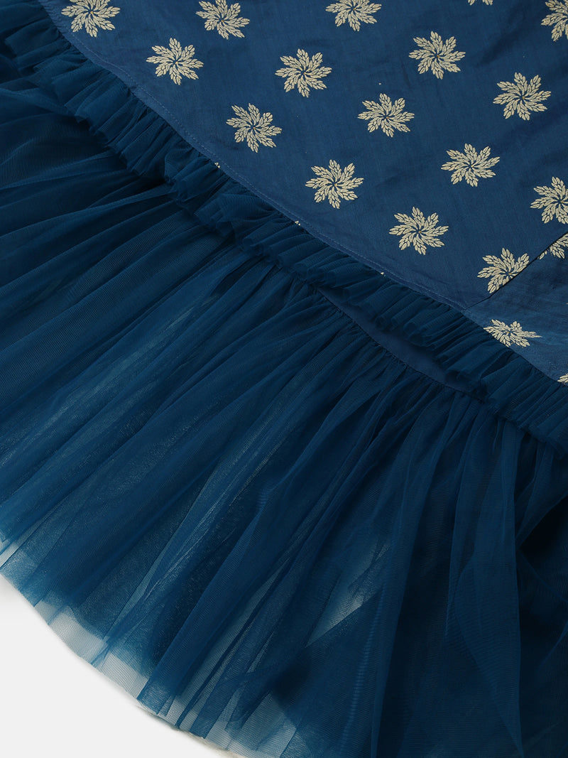 Pipin Girls Printed Lehenga Set Dark Blue