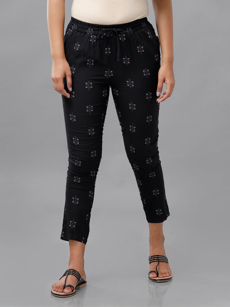 De Moza Ladies Printed Straight Pant Black
