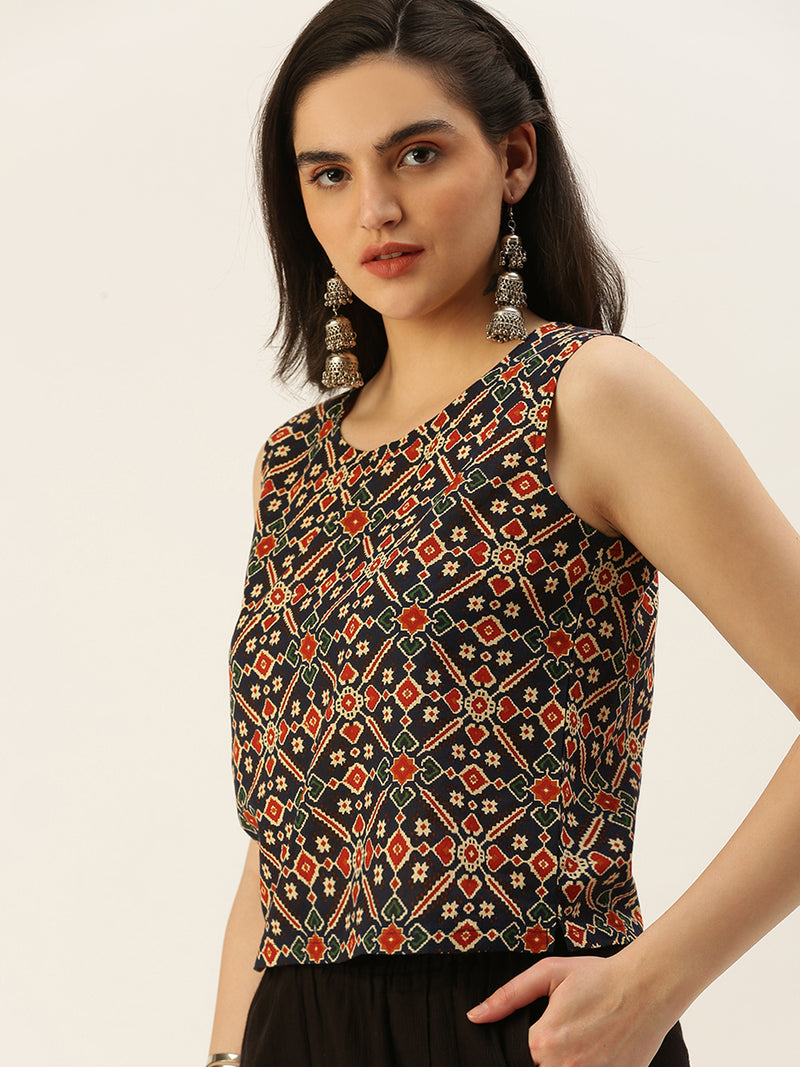 De Moza Women Printed Top Cotton Navy Blue - De Moza