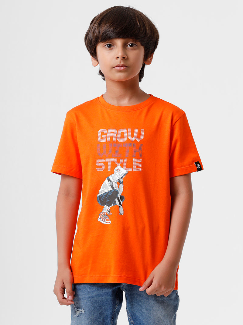 Kids - Boys Printed Half Sleeve T-Shirt Dark Orange