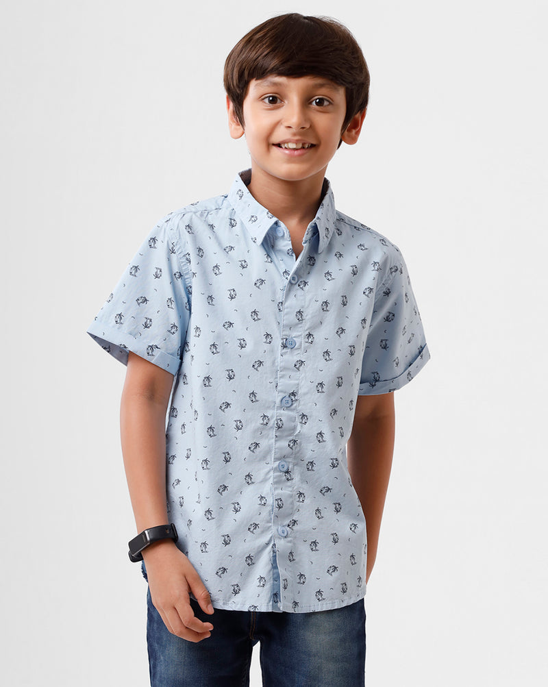 PIPIN Boys Shirt All Over Print Cotton Sky Blue - De Moza