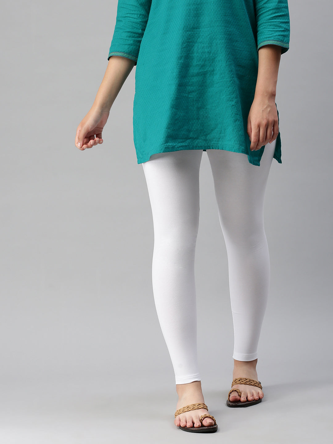 De Moza Women's Premium Ankle Length Leggings Solid Cotton White - De Moza (6679540400191)