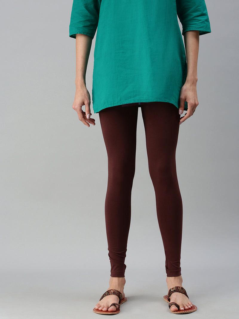 De Moza Ladies Ankle Length Leggings Solid Cotton Coffee Brown - De Moza