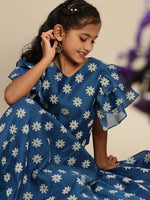 Pipin Girls Printed Lehanga Set Dark Blue