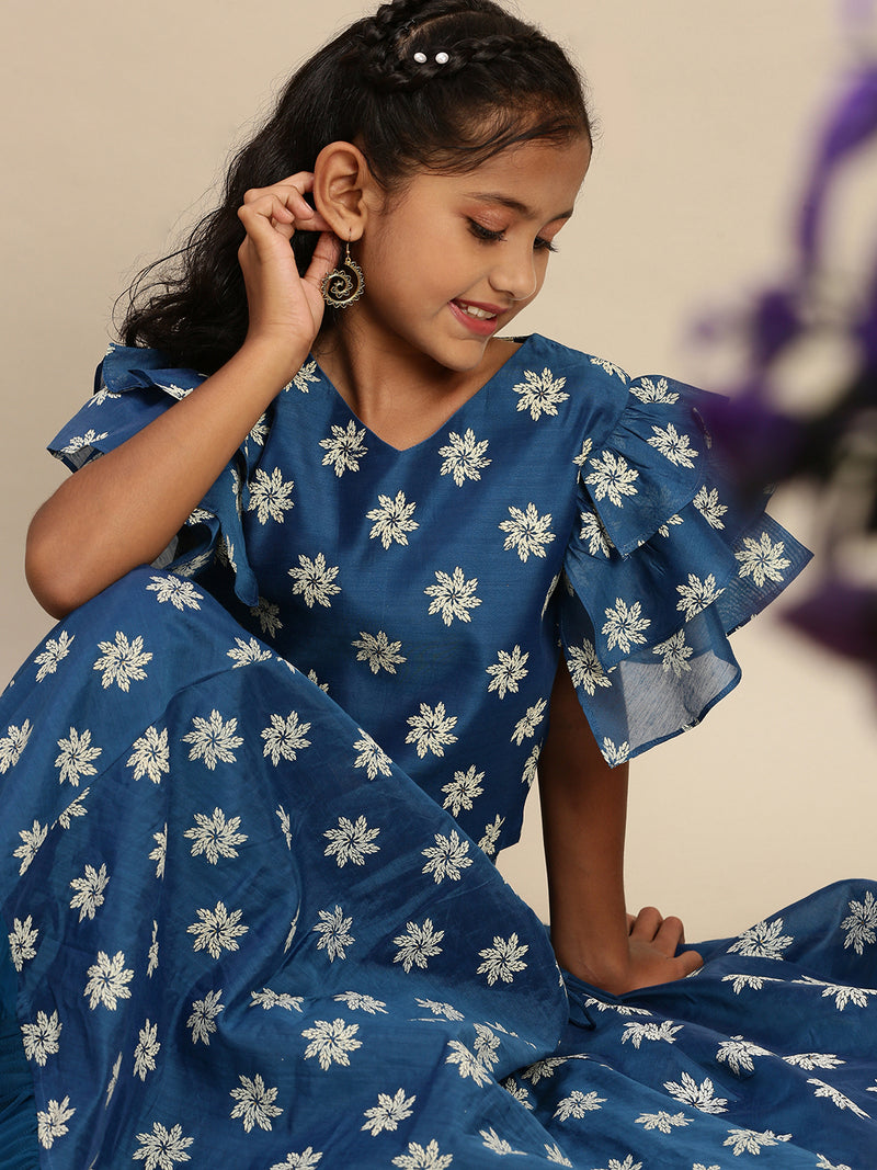 Pipin Girls Printed Lehanga Set Dark Blue