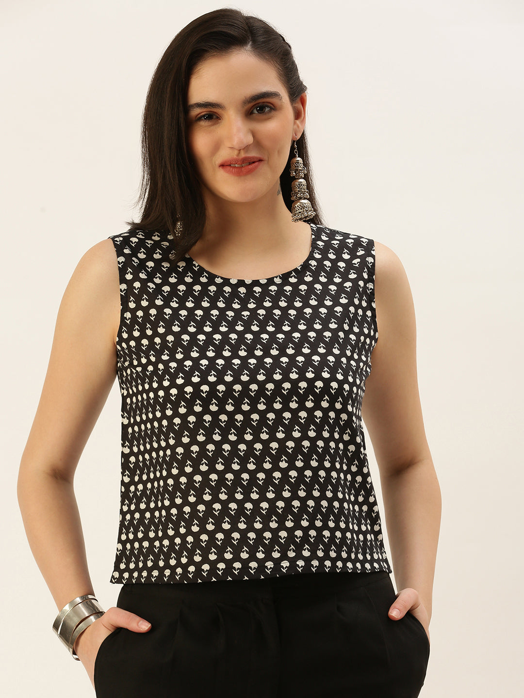 De Moza Women Printed Top Cotton Black - De Moza