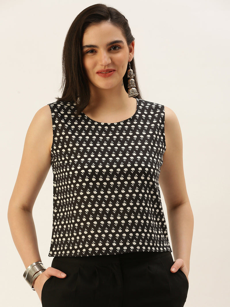 De Moza Women Printed Top Cotton Black - De Moza