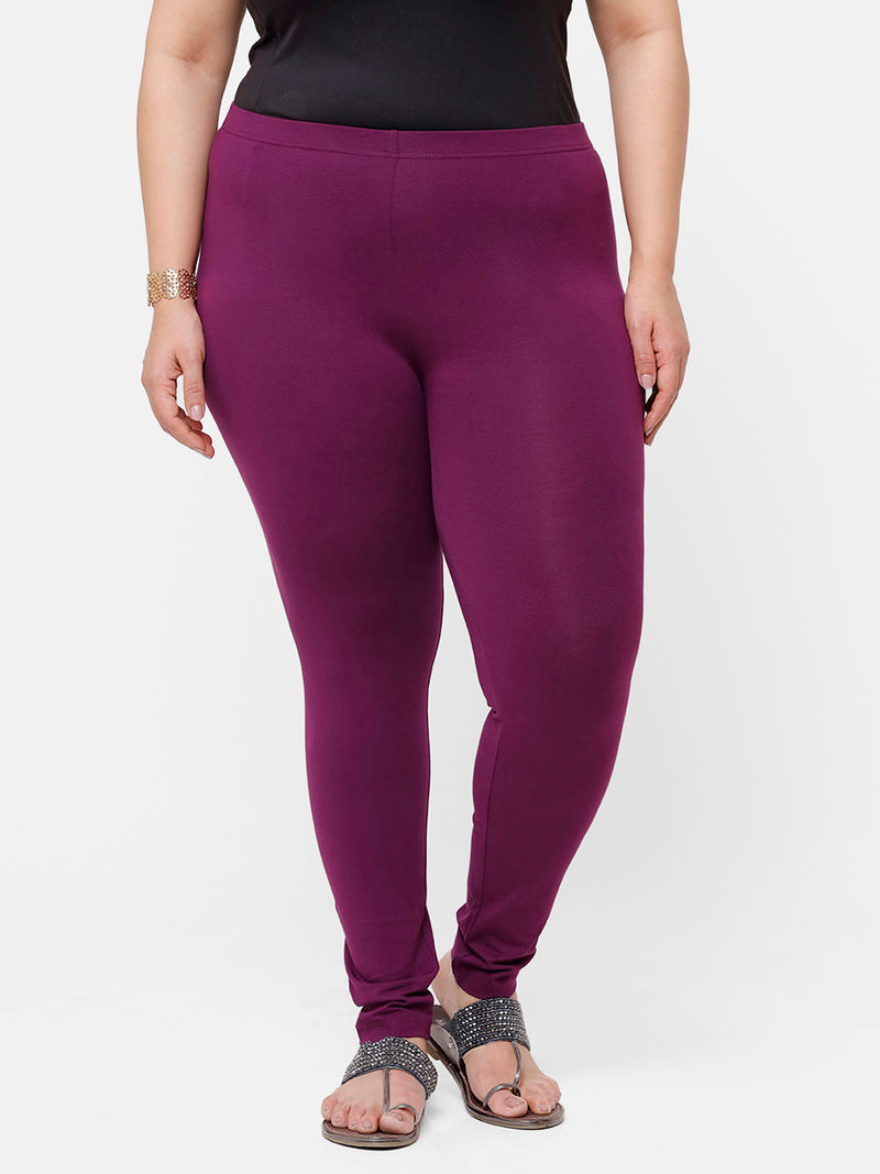 De Moza Ladies Plus Ankle Length Leggings Solid Cotton Dark Purple - De Moza