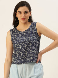 De Moza Women Printed Top Cotton Indigo - De Moza