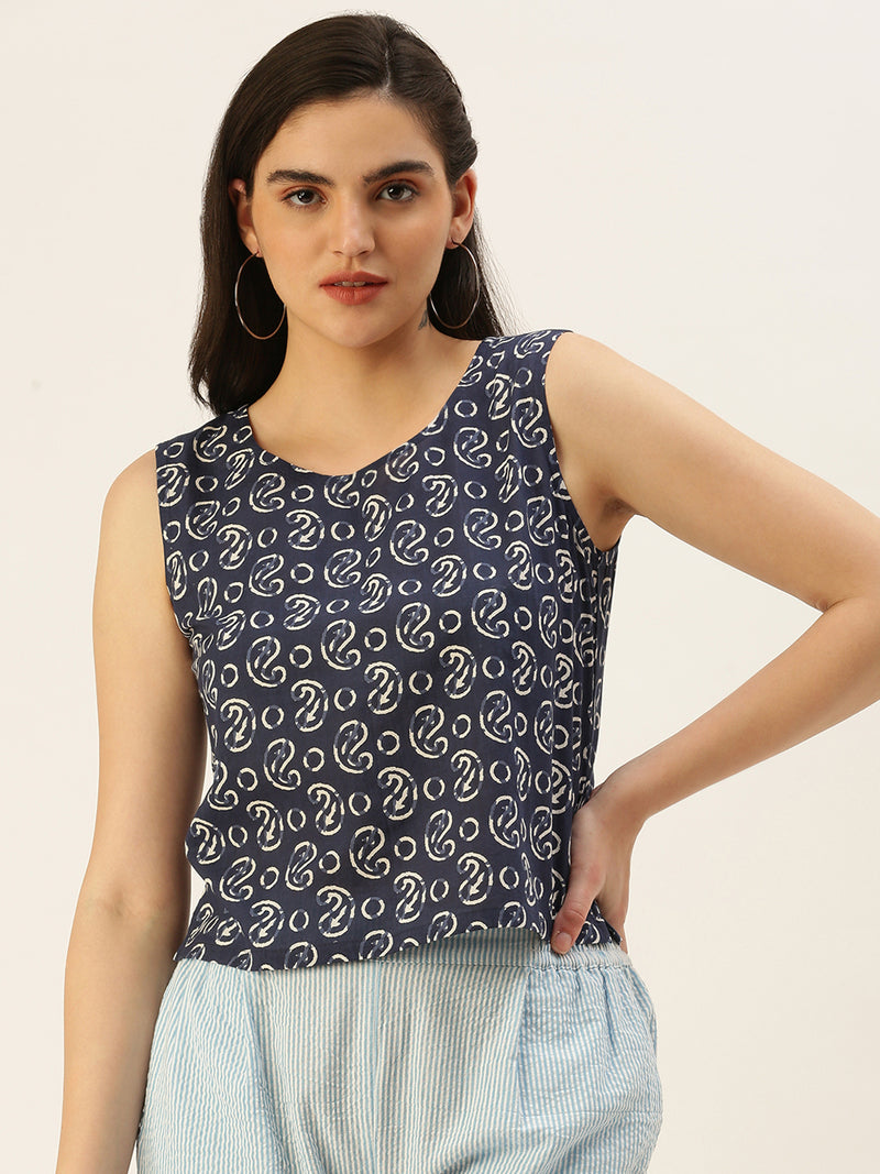 De Moza Women Printed Top Cotton Indigo - De Moza