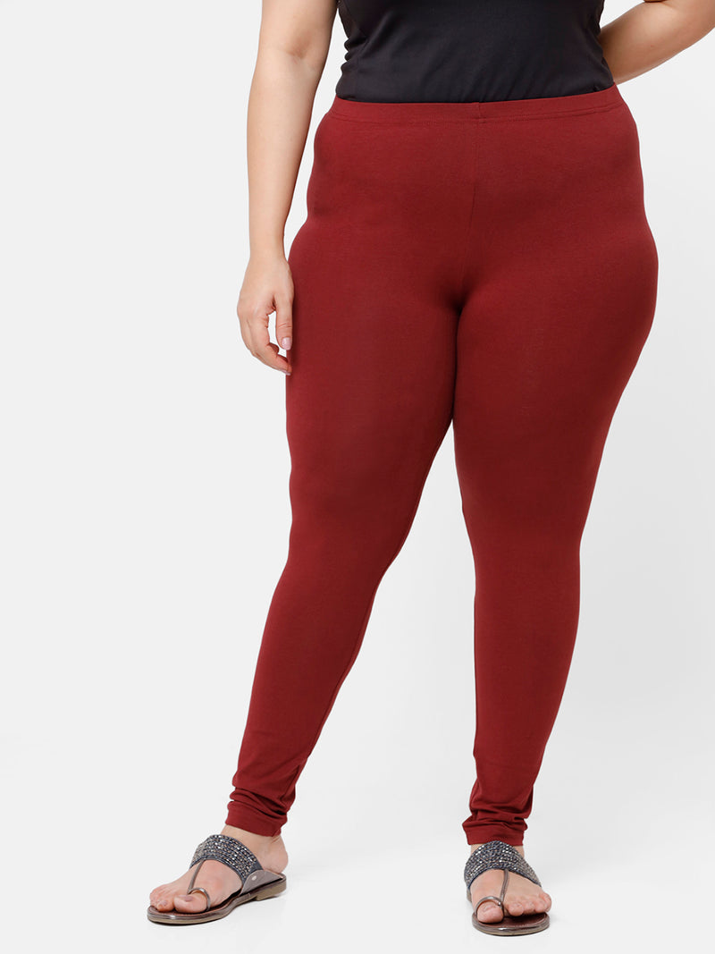 De Moza Ladies Plus Ankle Length Leggings Solid  Cotton Dark Maroon - De Moza
