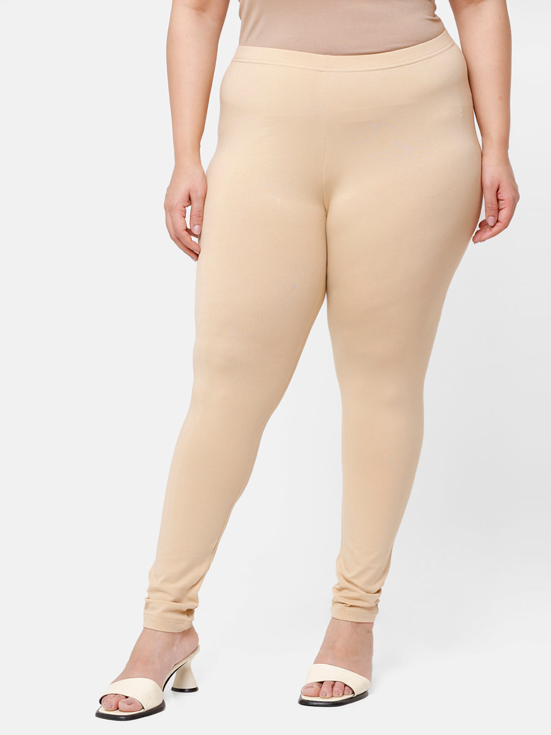 De Moza Ladies Plus Ankle Length Leggings Solid Cotton Beige - De Moza