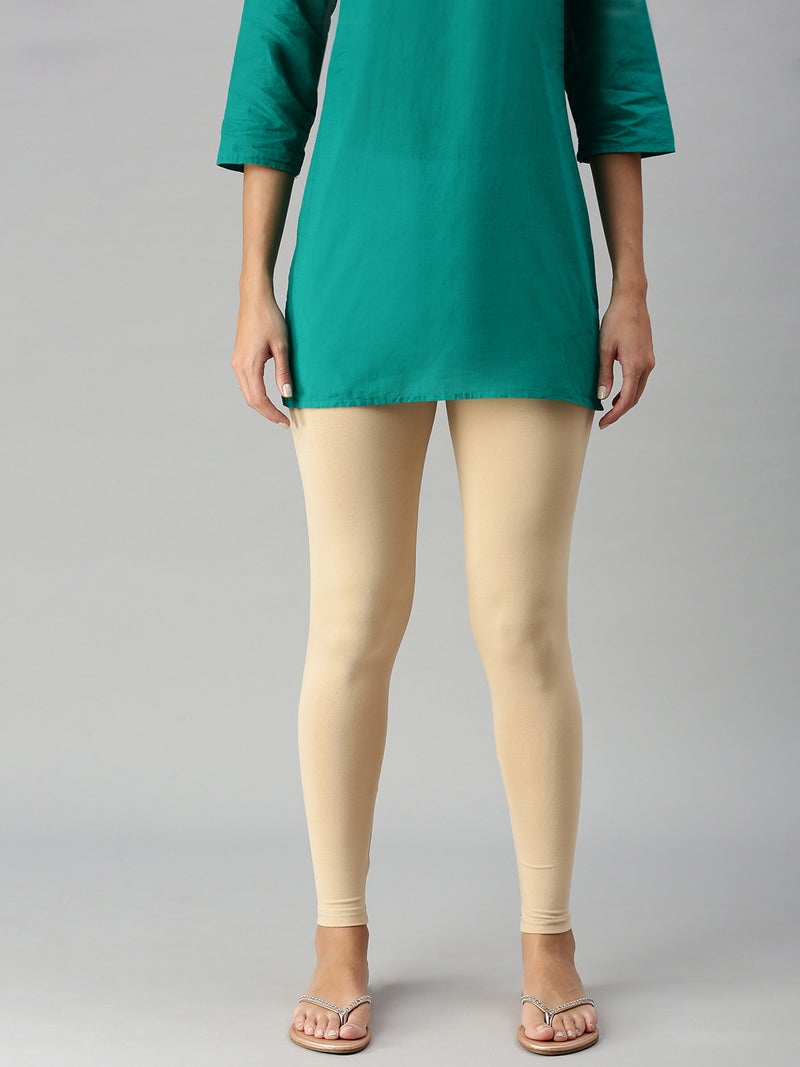 De Moza Ladies Ankle Length Leggings Solid Cotton Beige - De Moza