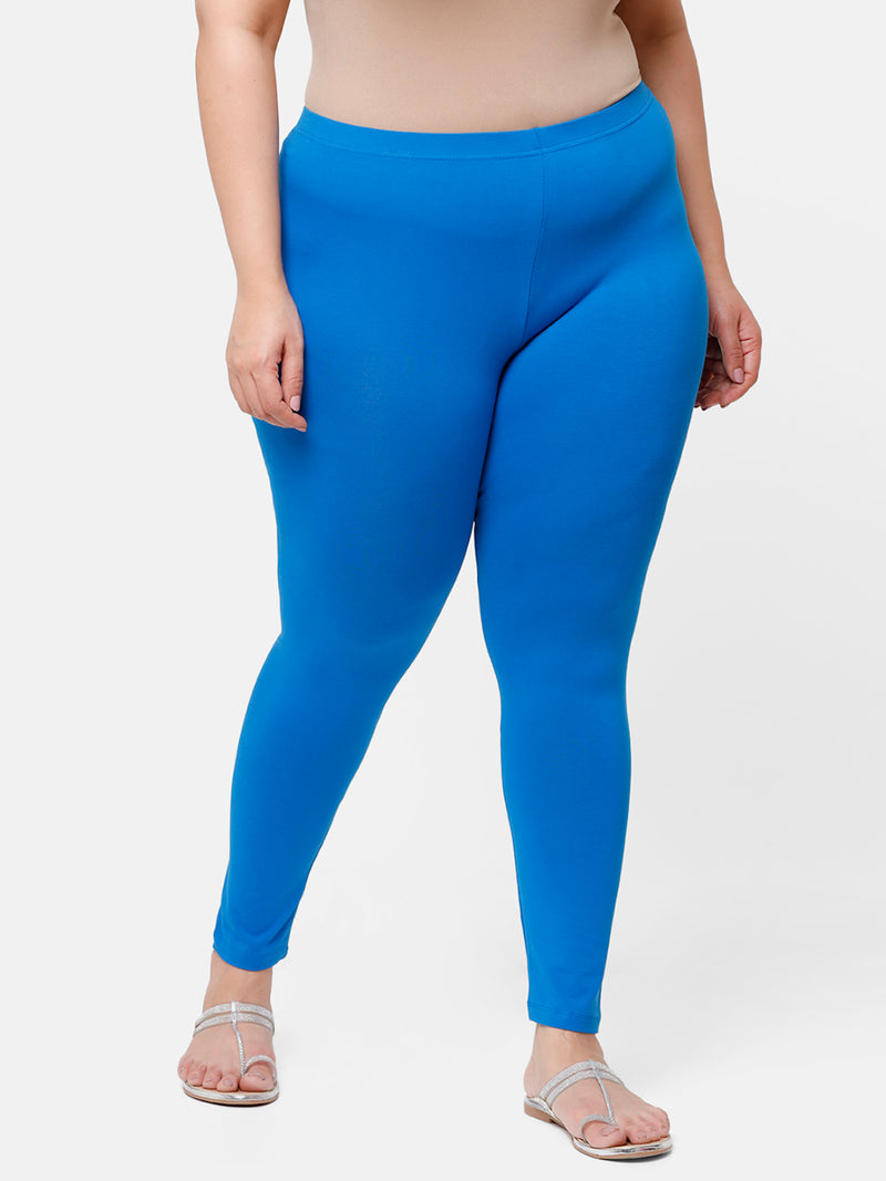 De Moza Ladies Plus Ankle Length Leggings Solid  Cotton Light Cobalt - De Moza