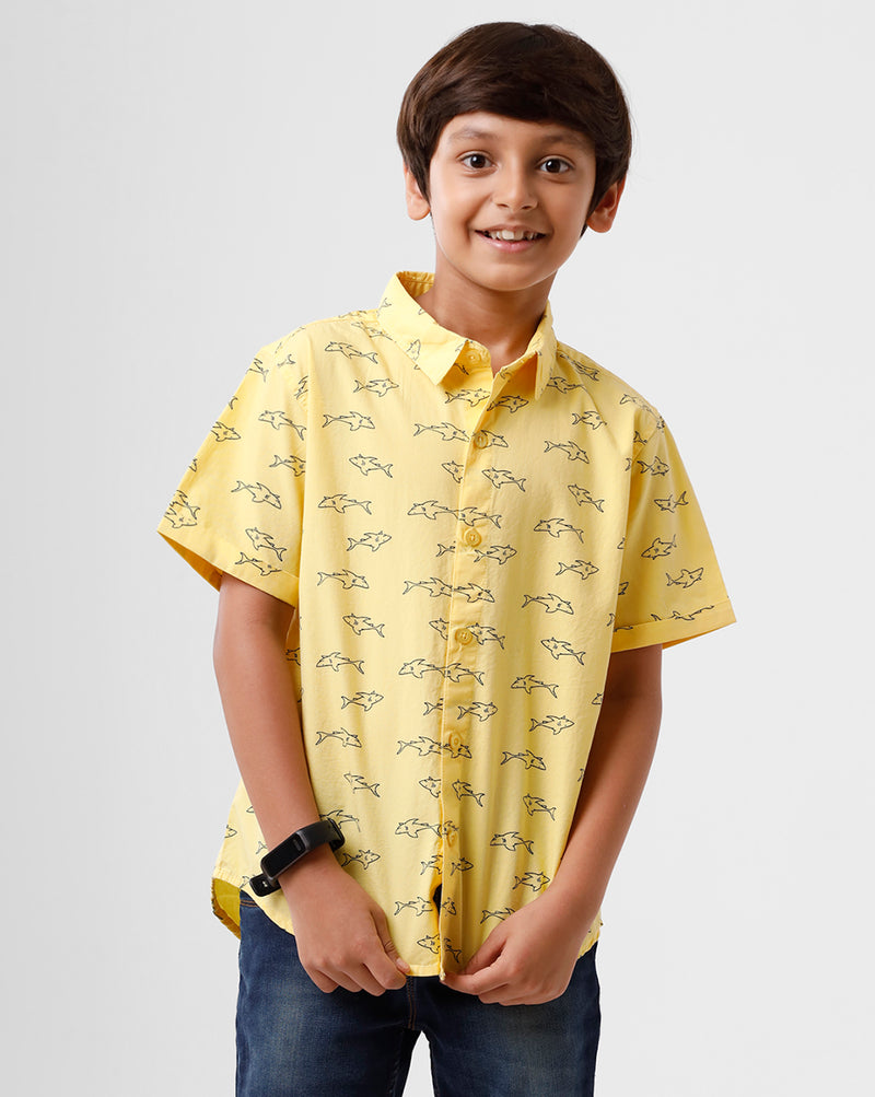 PIPIN Boys Shirt All Over Print Cotton Lime Yellow - De Moza