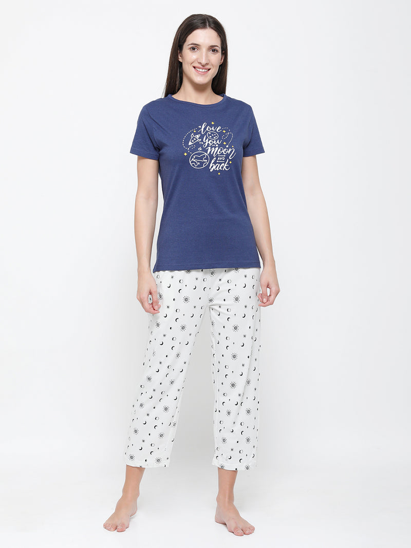 De Moza Ladies Printed Pyjama Blue Melange