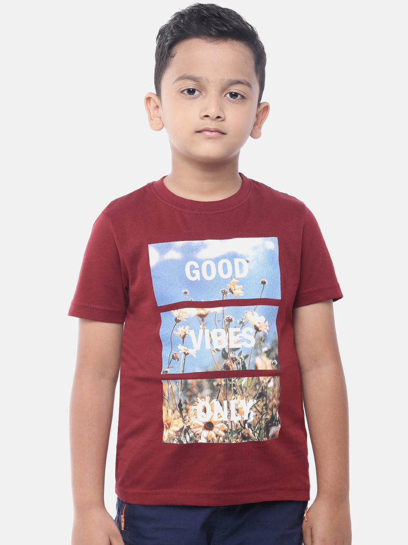 Kids - Boys Printed Half Sleeve T-Shirt Maroon