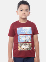 Kids - Boys Printed Half Sleeve T-Shirt Maroon