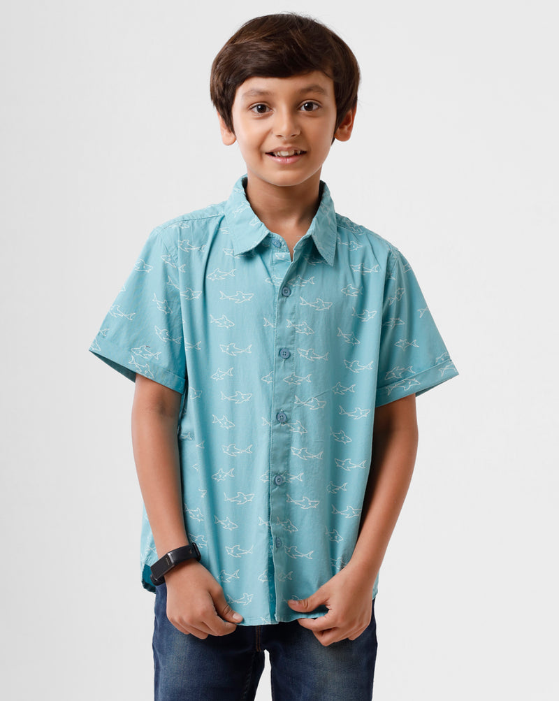 PIPIN Boys Shirt All Over Print Cotton Aqua - De Moza