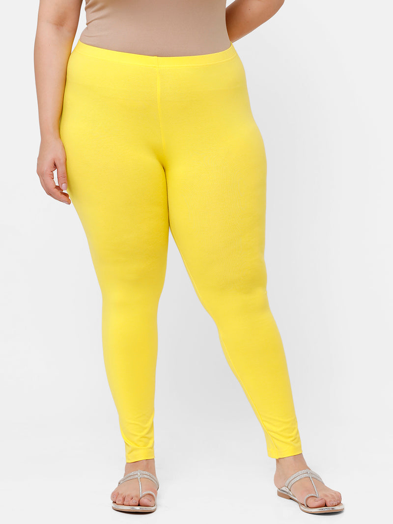 De Moza Ladies Plus Ankle Length Leggings Solid Cotton Lemon Yellow - De Moza