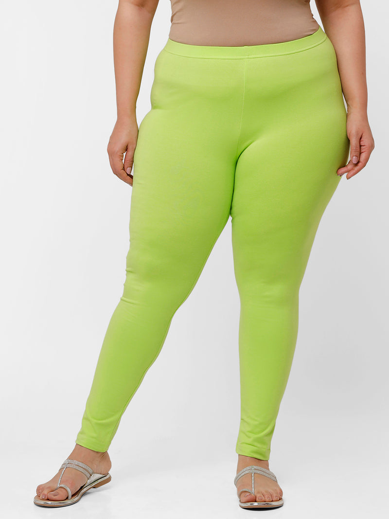 De Moza Ladies Plus Ankle Length Leggings Solid  Cotton Leaf Green - De Moza