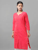 De Moza Womens 3/4Th Sleeve Kurta Solid Cotton Pink - De Moza