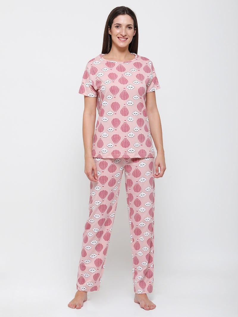 De Moza Ladies Printed Pyjama Set Silver Pink