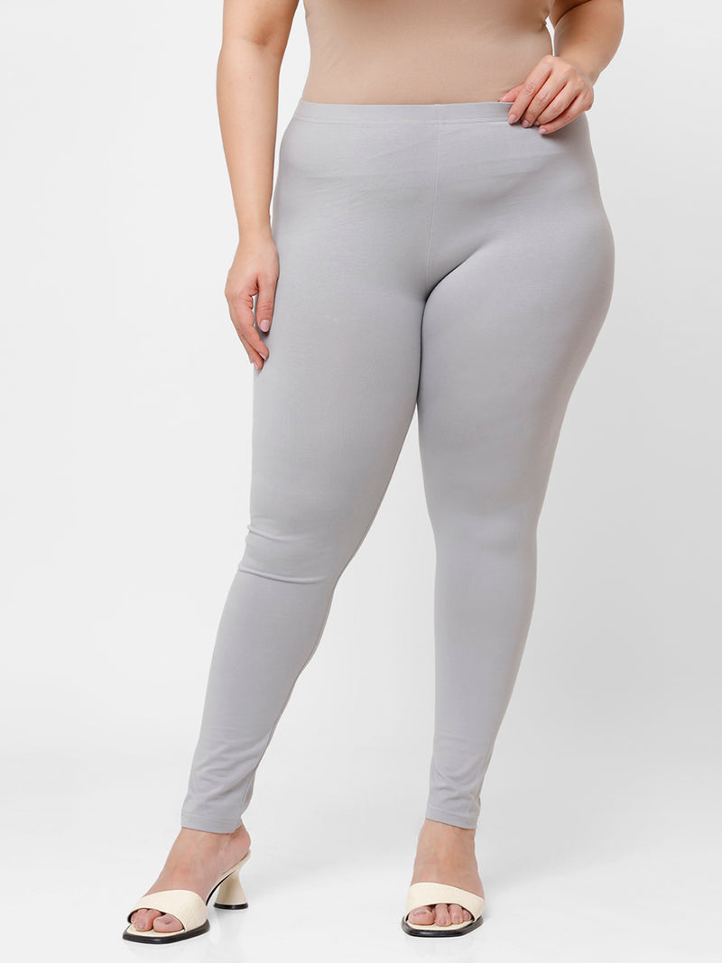 De Moza Ladies Plus Ankle Length Leggings Solid Cotton Light Grey - De Moza