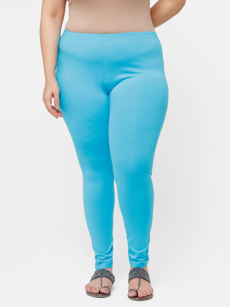 De Moza Ladies Plus Ankle Length Leggings Solid Cotton Peacock Blue - De Moza